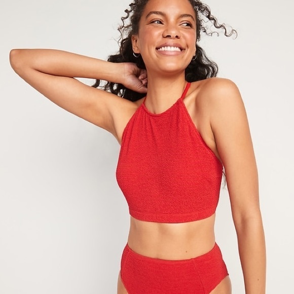 High-Neck Textured Cropped Tankini Swim Top - Picture 5 of 10